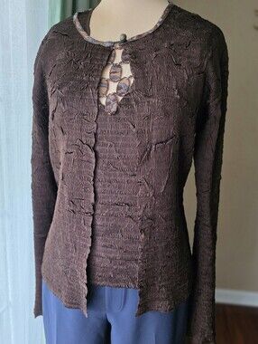 Lillie Rubin Vintage Brown Crinkle Popcorn Beaded Cardigan Tank Top Set Y2K M/L